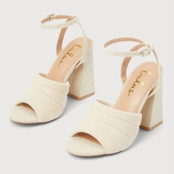 Lulu’s Rahele Cream Corduroy Ankle Strap High Heel Sandals, size 7.5 - Picture 4 of 13